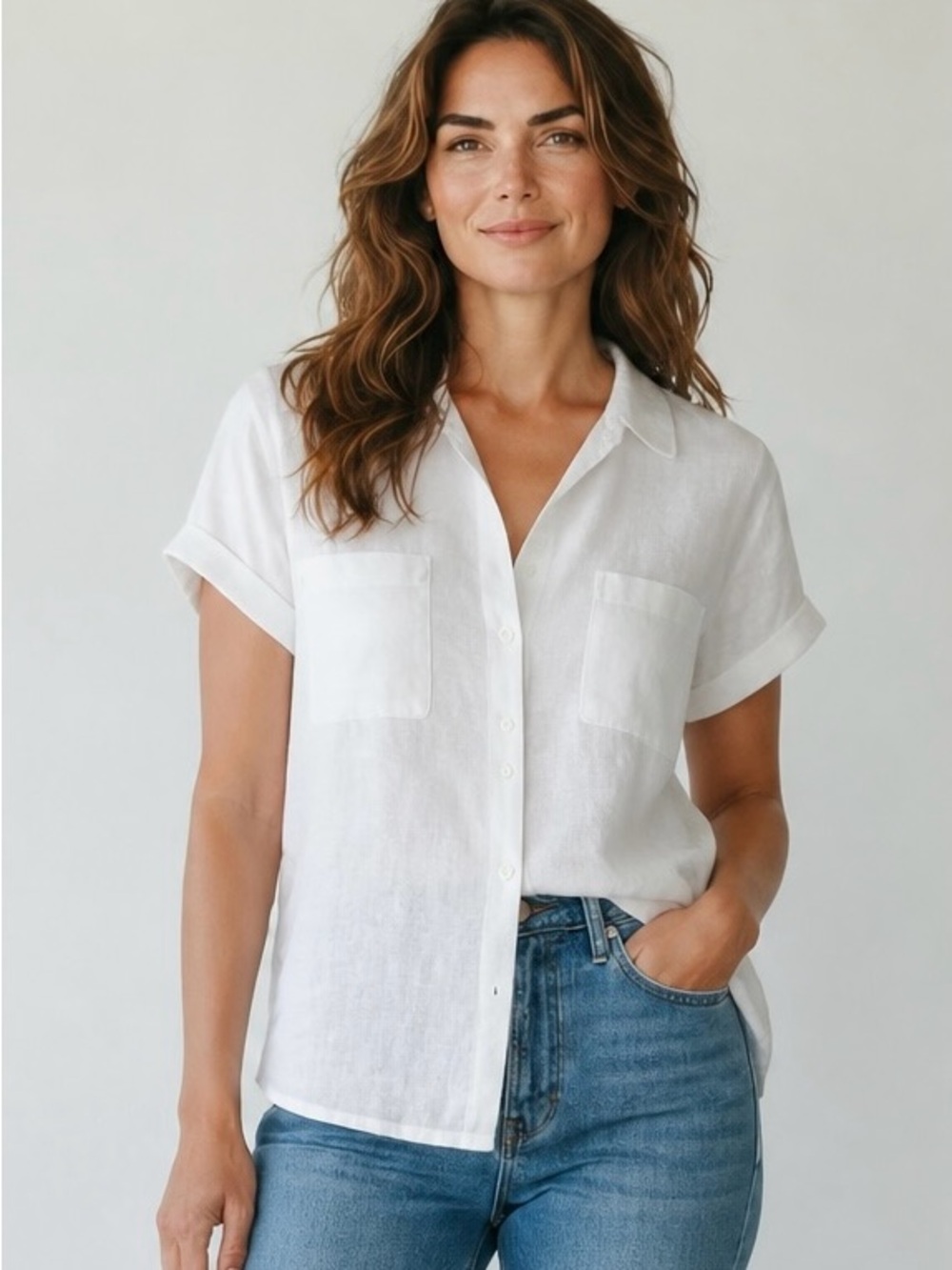 Vitamin A White Linen Short-Sleeve Button-Down Shirt